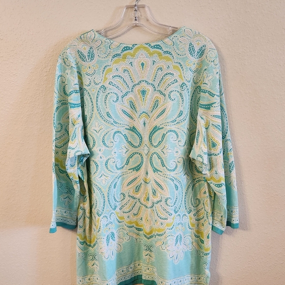 JM Collection 3/4 Sleeve Teal Paisley Design Tunic Shirt. Embellished Sz 2X NWOT - Picture 4 of 13
